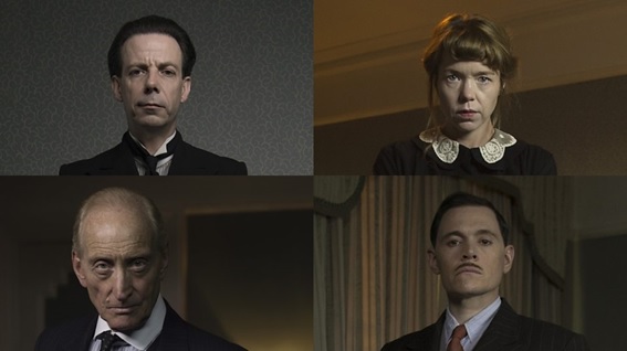 Os acusados: Thomars Rogers (Noah Taylor), Ethel Rogers (Anna Maxwell Martin), Lawrence Wargrave (Charles Dance) e William Blore (Burn Gorman)