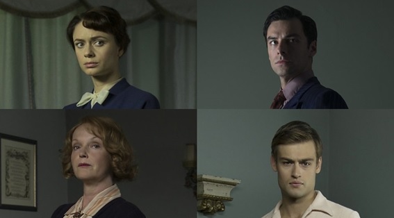 Os acusados: Vera Claythorne (Maeve Dermody), Philip Lombard (Aidan Turner), Emily Brent (Miranda Richardson) e Anthony Marston (Douglas Booth)